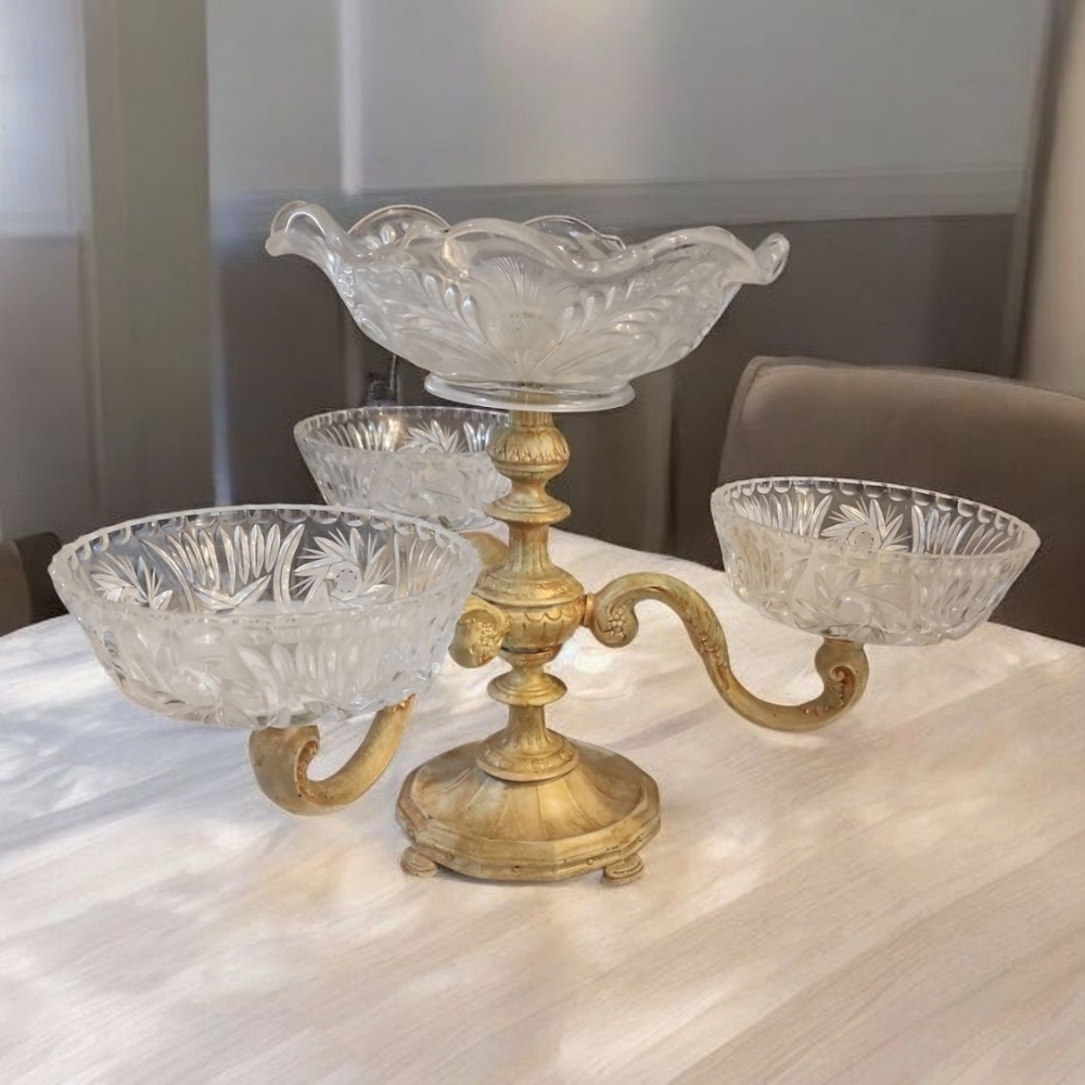 Vintage Brass & Cut Glass Epergne Centerpiece Bowl 4 Dish Floral Serving Compote